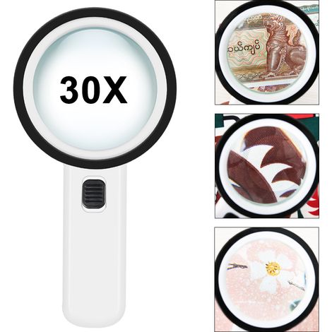 30-fache Leselupe mit LED-Beleuchtung – Handgerät, grünes ABS, 220 mm, 12 weiße LEDs + 1 UV-LED – Für Schmuck, Landkarten, Biologie (1/5)