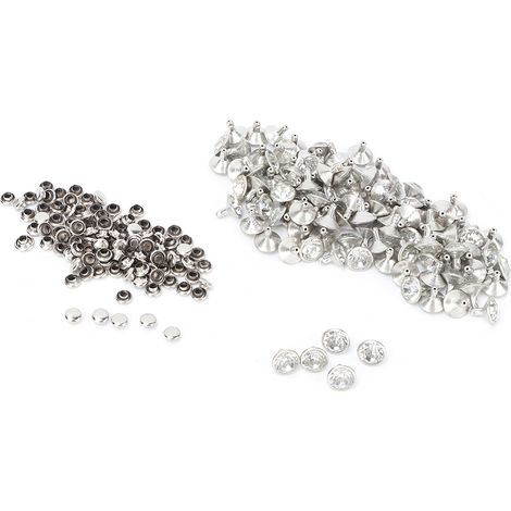 100 rivets, clous et pointes décoratifs en strass métalliques de 10 mm (bord argenté, cristal blanc) (1/5)