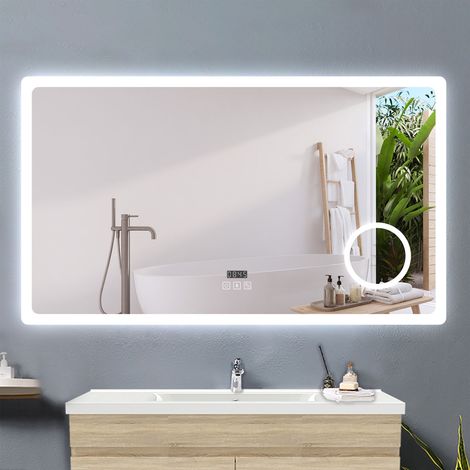 Aica Sanitarios Espejo de baño con luz LED,luz con tres colores, brillo ajustable, antivaho, bluetooth, lupa 3x, reloj digital,120 x 70 cm.