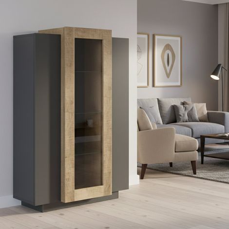 Dmora - Vitrina Dfrutt, Aparador con tres puertas, Mueble salón polivalente, 100% Made in Italy, cm 80x38h121, Antracita y Arce