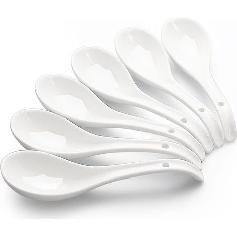 Cuillères à soupe asiatiques, cuillères à soupe ramen en céramique de 17 cm, cuillères à soupe chinoises, grande cuillère japonaise blanche brillante pour ramen, pho et céréales (1/5)