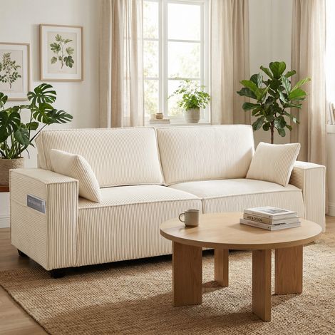 Canapé 3 places en velours côtelé beige 218 cm, coussins à ressorts, larges accoudoirs, 2 coussins, pour salon
