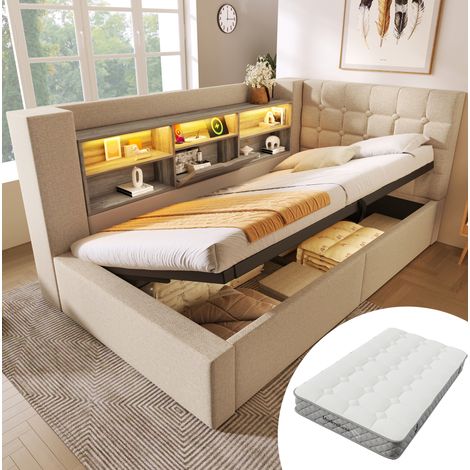 Bett Einzelbett Stauraum 90x200 LED Leinen Beige HAVRYA (1/5)
