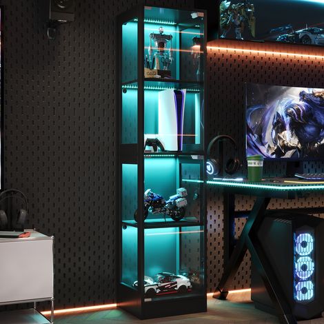 Vitrine LED 40x35x170 cm verre trempé,LED app,4 étages,porte poussante. Finition noir élégant pour objets de collection.