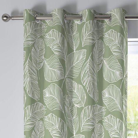Rideaux à Feuilles Vertes 117 x 137 cm - 2X Panneaux - 100% Coton - Rideaux à œillets Verts avec imprimé Feuilles Tropicales, Vert (1/5)