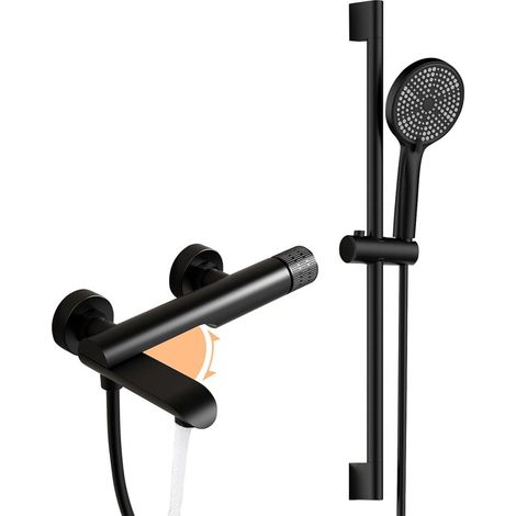 Robinet de Baignoire avec Douchette 3 Jets, Mural Mitigeur de Baignoire avec bec rotatif à 90°, 1.5m Flexible et Support, Robinet Mitigeur pour Salle de Bains en Laiton (Noir)