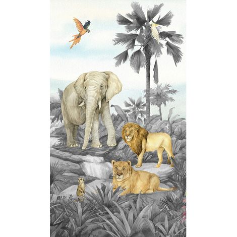 Poster intissé - animaux de la jungle en noir et blanc - lion, éléphant, perroquet - 150 x 270 cm (1/3)