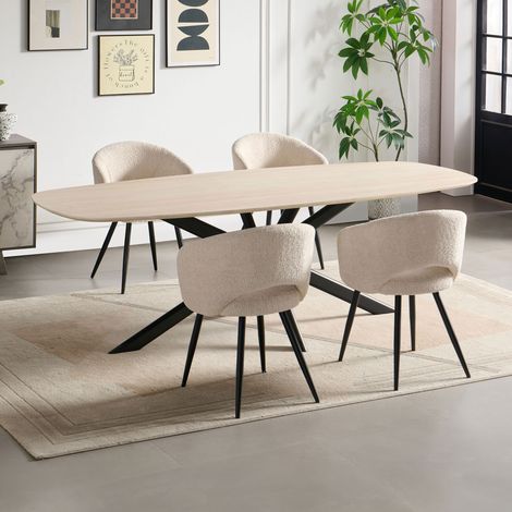 Ensemble table 200cm effet travertin + 4 chaises tissu bouclette écru
