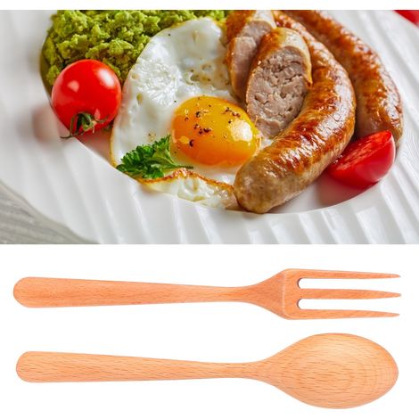 Ensemble de 2 Fourchettes et Cuillères en Bois de Hêtre Résistantes à la Chaleur pour Cuisine Maison Restaurant Bureau
