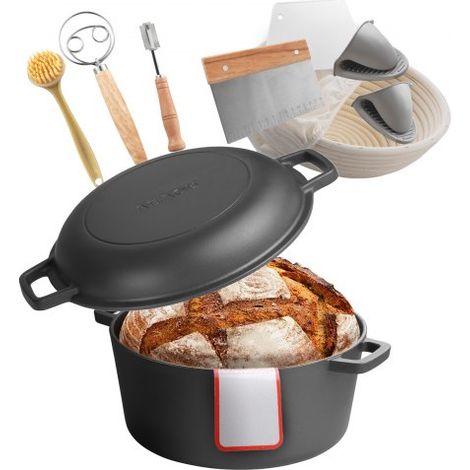 Dutch Oven aus Gusseisen, 2 in 1 Schmortopf mit Bratpfannendeckel, 4,73 L robustes Kochgeschirr mit Gärkorb & Brotbackzubehör, Brotbackofen-kompatibel 260 ℃ Brottopf (1/5)
