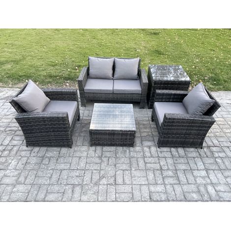 Fimous Outdoor Lounge Sofa Set Wicker PE Rattan Garden Furniture Set with Armchair Square Coffee Table Double Seat Sofa Side Table Dark Grey Mixed (1/5)