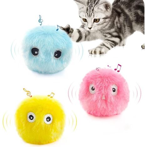 Longziming - Balles interactives - Herbe à chat - Avec sons d'animaux/chants d'oiseaux - Lot de 3 - Pour chatons et chats adultes - Rose, jaune, bleu