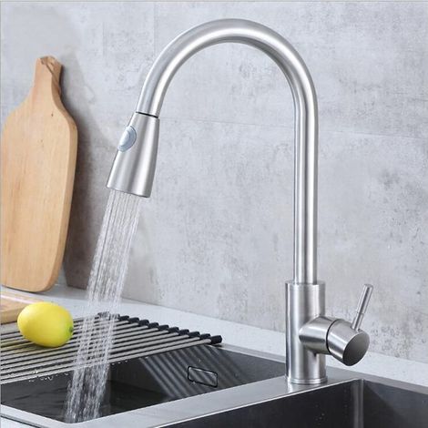 Cuisine multifonctionnelle eau chaude et froide évier robinet extractible lavabo universel télescopique robinet en acier inoxydable brossé (1/5)