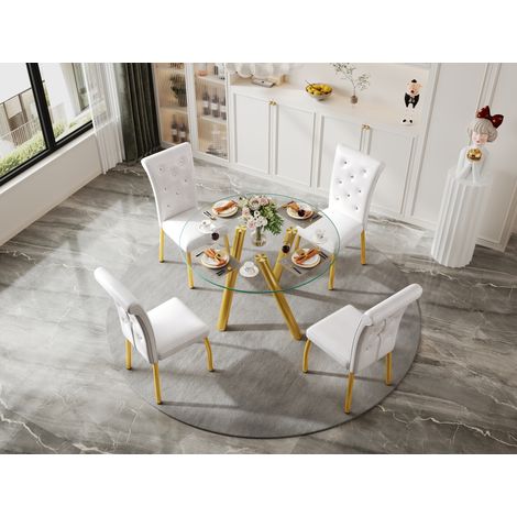 Set da pranzo per 4 persone, tavolo rotondo in vetro temperato e sedie imbottite, struttura in metallo bianco (1/5)