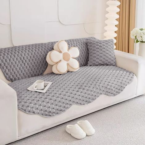 Grey Shaped Turtle Fleece Thickened Sofa Cushion Protector 240cm W x 90cm D