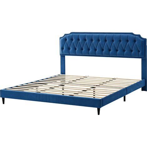 Upholstered Bed Frame with Cozy Button Tufted Headboard & Adjustable Height, Wood Slat Support CHELSEY SUPER KING BLUE (1/5)