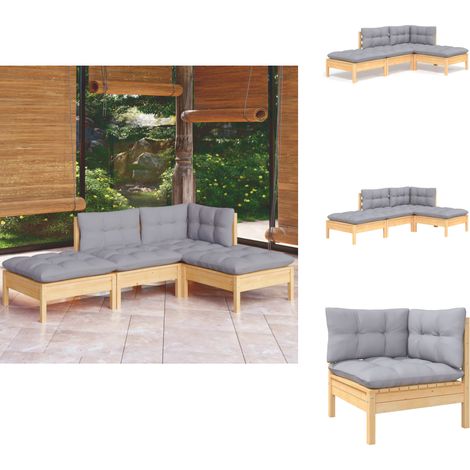 4-tlg. Garten-Lounge-Set mit Grauen Kissen Kiefer Massivholz - Garten Lounge Set - Kiefernholzmöbel - Outdoor Möbel - Gartenmöbel - Loungemöbel (1/5)