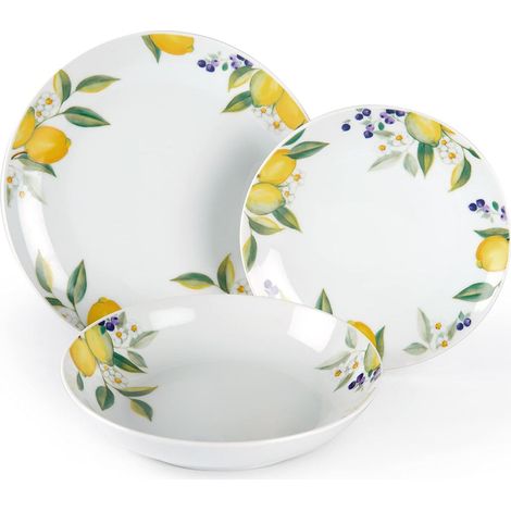 Excelsa Lemon Servizio Tavola 18 Pezzi, Porcellana, Bianco/Limoni (1/4)