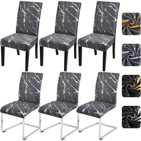 Housses de chaise extensibles pour salle à manger, lot de 6, lavables, motif marbre, gris foncé et argenté (1/5)