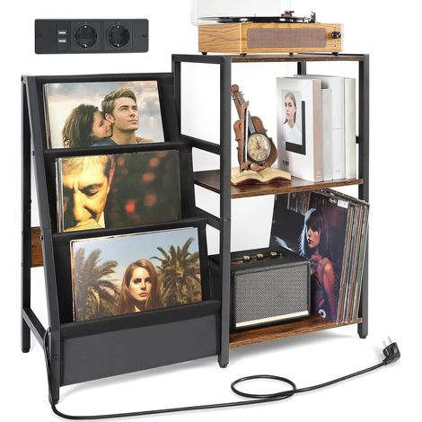 Meuble Platine Vinyle avec Prise de Courant, Table d’Appoint à 3 Niveaux pour Tourne-Disque et Rangement jusqu’à 200 Albums, Support Design pour Disques et Salon (1/5)