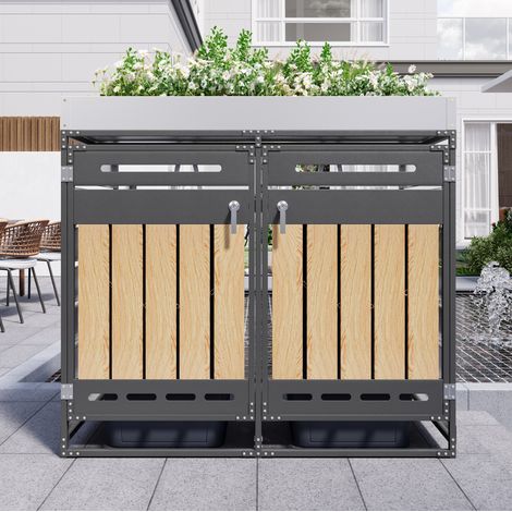 Abri double pour poubelles 137x79x125 cm en fer noir avec bac à plantes, pour jardin – MEUBLIV (1/5)