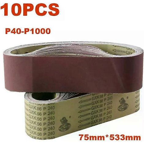 Lot de 10 bandes abrasives 533×75 mm pour ponceuses, papier de verre pour polissage