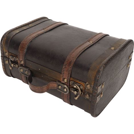 Valise rétro en bois, boîte de rangement pour bijoux et colliers en similicuir noir et marron, idéale pour une fête à la maison. Décoration pour les fêtes. (1/5)
