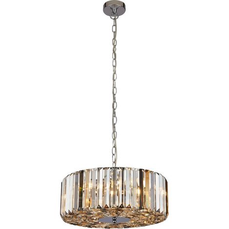 Searchlight Chapeau Suspension chromée à 5 ampoules / Cristaux de verre semi-affleurants, ambre, fumée et transparent (1/3)