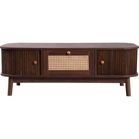 Table basse en rotin avec portes coulissantes en bois massif, pieds en bois massif, style naturel 110x55x38,5 cm (1/5)