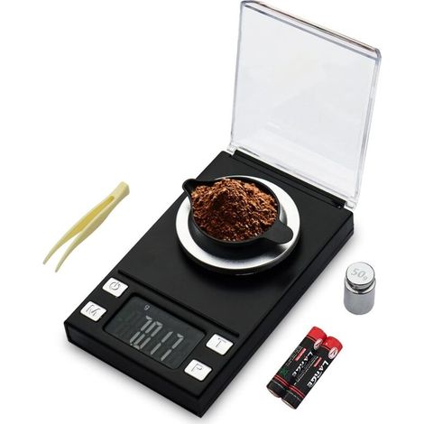 50 g/0,001 g Milligrammwaage, Mini-Karat-Gramm-Präzisionswaage für Pulver, Medikamente, Schmuck, Edelsteine, Wiederladen, Labor, Taschenwaage mit Kaloriengewicht, Tara, LCD, Pulverzange (1/4)