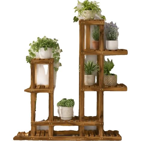 Soporte para plantas, madera maciza de acacia, diseño moderno, marrón. (1/2)