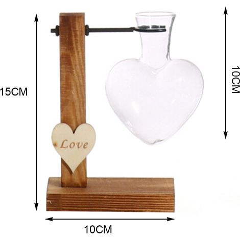 Vase en verre borosilicate coeur avec support bois, vase hydroponie transparent forme coeur et socle pour chambre salon bureau (1/5)