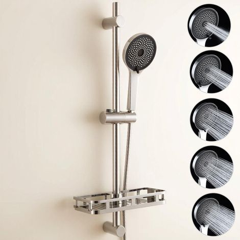 Barra ducha Auralum Max acero inoxidable con ducha mano 5 chorros,ajustable 700 mm,soporte deslizante 360°,estante almacenamiento incluido,cromado (1/5)