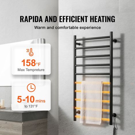 Radiateur sèche-serviettes 10 barres mural acier inox noir IPX5 chauffage salle de bain minuterie écran LED 5 niveaux réglage température (1/5)