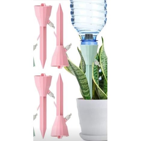 Sistema di irrigazione a goccia con 12 flaconi, irrigatore automatico per piante da interno e da giardino, 5 x 18 cm, rosa. (1/4)