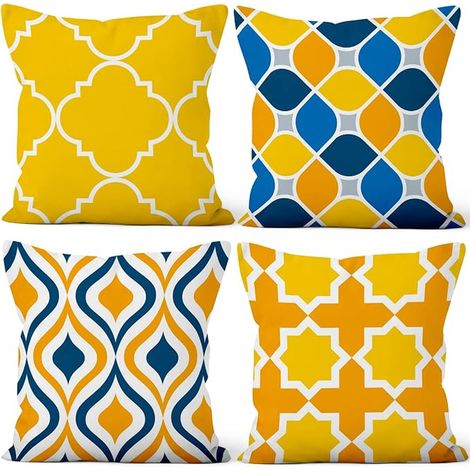40 x 40 cm Set Modern Geometric Cushion Covers Soft Short Plush Square Pillowcase Home for Bedroom, Living Room, Sofa, Balcony, Terrace, Patio, Garden, Car Chair, Yellow Blue (1/5)