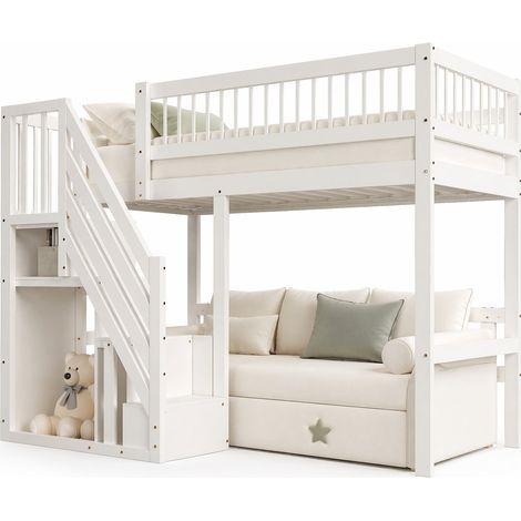 Letto a Soppalco 90×200 cm, Singolo con Scala Contenitore e Sponde Alte, senza Materasso (1/5)