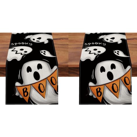 Camino de mesa de Halloween de 33 x 183 cm con fantasmas "Boo" y estampados en blanco y negro para la mesa del comedor o la cocina (2 piezas). (1/5)