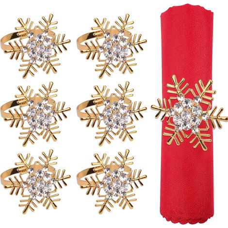 Lot de 6 Ronds de Serviette de Noël Dorés en Forme de Flocon de Neige avec Strass, Décoration de Table (1/5)