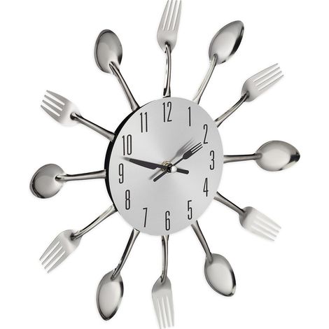 Horloge murale couverts cuillères & fourchettes, Ø 31 cm, métal, à pile, sans bruit, argent, Relaxdays (1/5)