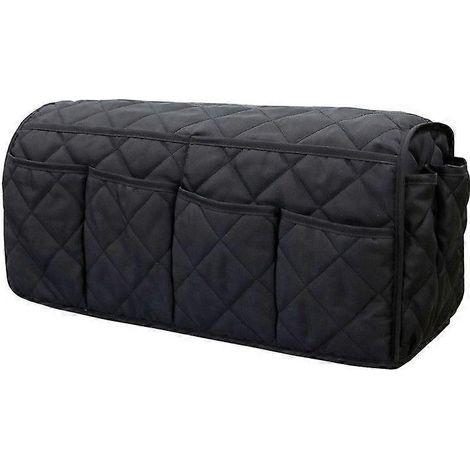 Sac de rangement pour accoudoir de canapé avec de multiples poches, dont une poche latérale pour ranger des objets tels que des télécommandes et des livres. (1/5)