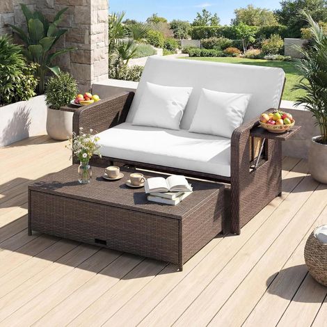 Dossier réglable 4 positions, canapé de jardin 2 places en résine tressée avec repose-pieds, convertible en bain de soleil (1/5)