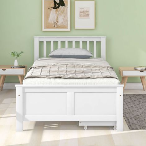 Lit enfant 90x200 cm en bois massif avec 2 tiroirs de rangement, cadre en pin, sommier inclus, sans matelas, blanc (1/5)