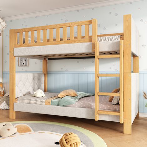 Letto a castello bambini 90x200 cm con rete a doghe e scala rettilinea a 4 gradini, grigio e naturale, materasso non incluso (1/5)