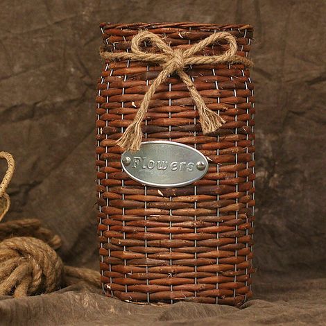 Decorative vase, basket flower seaweed vase, vintage vase, rope design woven wicker flower vase suitable for living room, dining room, bedroom, office, hotel, etc. Brown Leather Willow Mouth 16