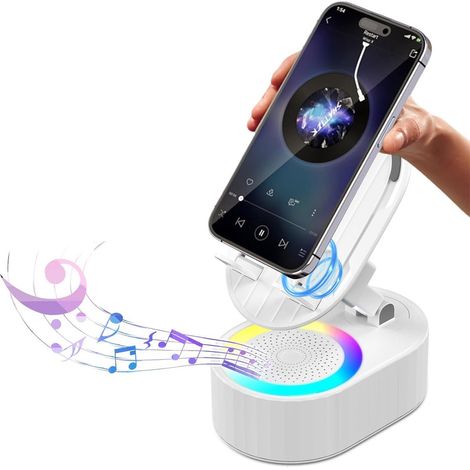 altavoz Bluetooth, soporte para teléfono de 300°, altavoz de inducción de 5 W, luz ambiental de 6 colores. (1/5)