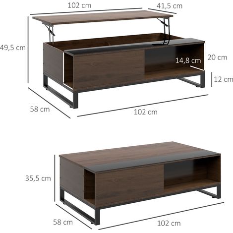 Table basse relevable en métal noir et bois noyer, 102x58x35,5 cm, table d'appoint moderne avec tiroir de rangement, idéale pour canapé, design industriel. (1/5)