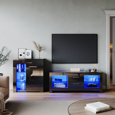 ELEGANT Modern High Gloss Living Room Set with RGB LED Lights Display Cabinet Storage Unit + 1300mm TV Stand Cabinet Black Furniture Set 4