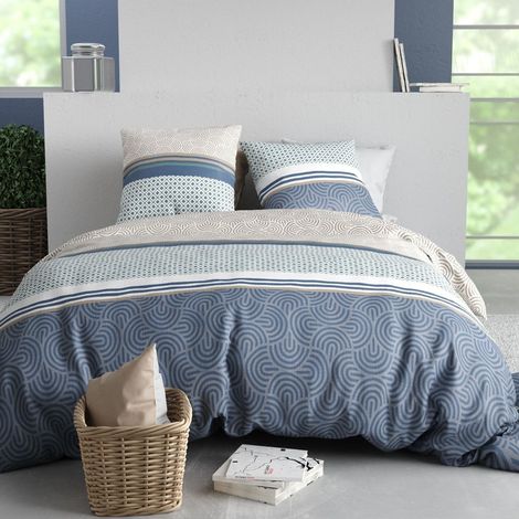 Parure housse de couette 240x220cm + 2 taies motif graphique bleu et taupe 100% coton - SOLIA (1/4)