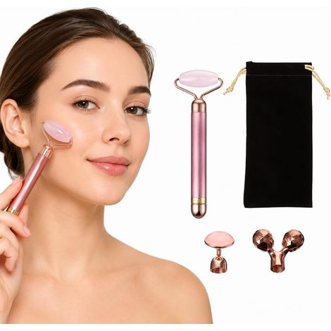 Rouleau de Massage Facial Électrique en Pierre de Jade Naturelle et Quartz Rose Appareil Anti-Âge pour Visage Stimulation Circulation Sanguine Kit de Massage Visage en Rose (1/5)